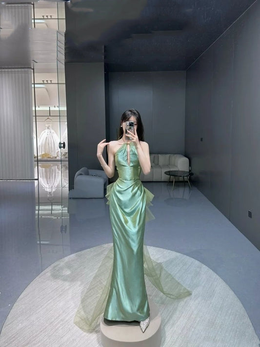 Classy Mermaid Green Satin Long Prom Gown Summer Wedding Guest Dress Bridal Guest Dresses Wedding Outfits For Guest W0694