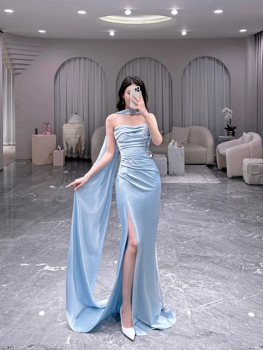 Classy Sheath Strapless Light Sky Blue Slit Ruffles Long Prom Gown Summer Wedding Guest Dress Bridal Guest Dresses Wedding Outfits For Guest W0697