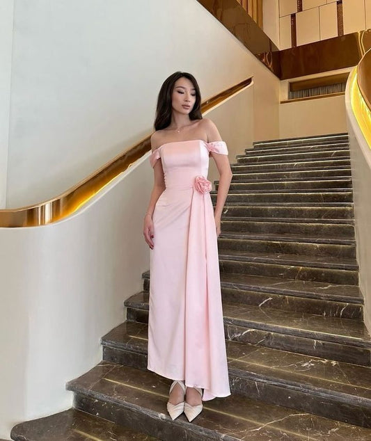 Classy A line Off The Shoulder Ruffles Pink Prom Gown Summer Wedding Guest Dress Bridal Guest Dresses Wedding Outfits For Guest W0699