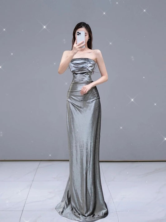 Classy Sheath Strapless Gray Ruffles Satin Long Prom Gown Summer Wedding Guest Dress Bridal Guest Dresses Wedding Outfits For Guest W0701