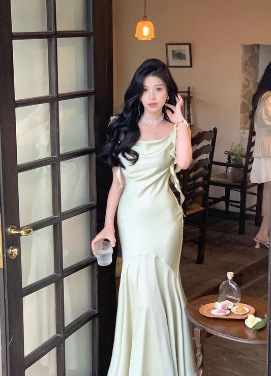 Classy Mermaid Square Neck Ruffles Sage Green Prom Gown Summer Wedding Guest Dress Bridal Guest Dresses Wedding Outfits For Guest W0702
