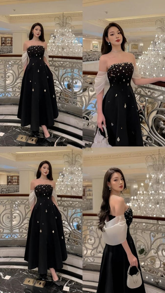 Classy A line Strapless Black Silver Beads Prom Gown Summer Wedding Guest Dress Bridal Guest Dresses Wedding Outfits For Guest W0703
