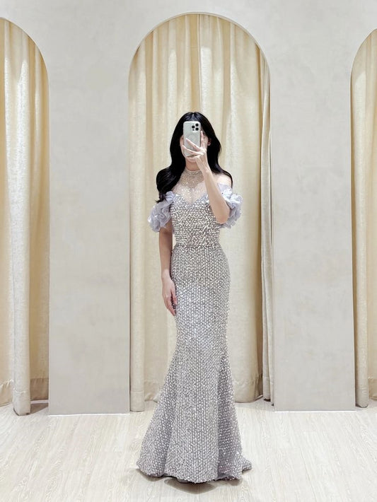 Classy Mermaid High Neck Ruffles Sequin Prom Gown Summer Wedding Guest Dress Bridal Guest Dresses Wedding Outfits For Guest W0704
