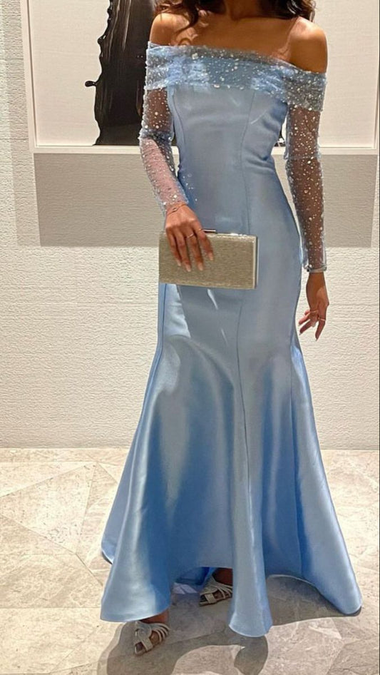 Classy Mermaid Off The Shoulder Blue Beads Prom Gown Summer Wedding Guest Dress Bridal Guest Dresses Wedding Outfits For Guest W0705