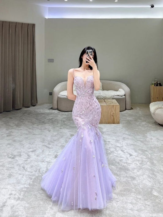 Classy Mermaid Spaghetti Straps Lilac Tulle Long Prom Gown Summer Wedding Guest Dress Bridal Guest Dresses Wedding Outfits For Guest W0706