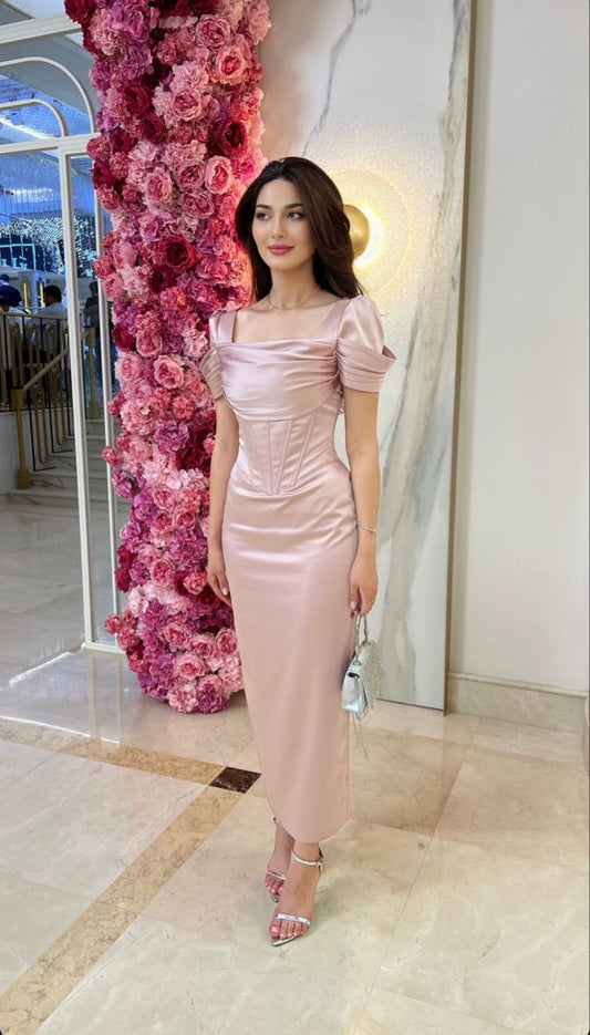 Classy Sheath Square Neck Ruffles Satin Long Prom Gown Summer Wedding Guest Dress Bridal Guest Dresses Wedding Outfits For Guest W0708