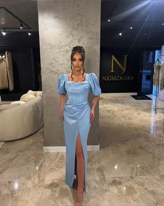 Classy Sheath Square Neck Ruffles Blue Satin Long Prom Gown Summer Wedding Guest Dress Bridal Guest Dresses Wedding Outfits For Guest W0709