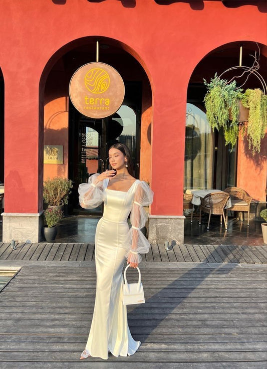Modest Mermaid Square Neck White Prom Gown Summer Wedding Guest Dress Bridal Guest Dresses Wedding Outfits For Guest W0711