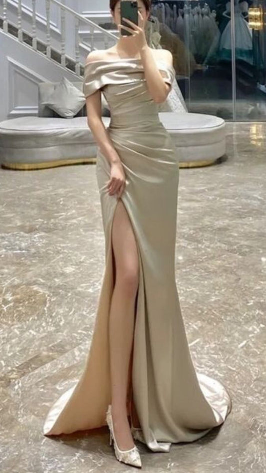 Modest Mermaid Off The Shoulder Slit Prom Gown Summer Wedding Guest Dress Bridal Guest Dresses Wedding Outfits For Guest W0713