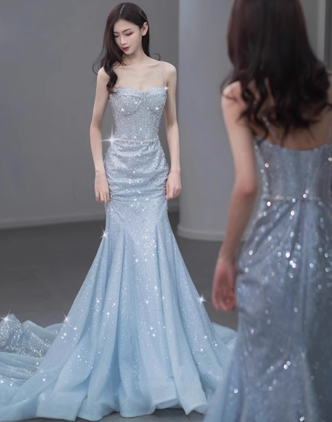 Modest Mermaid Spaghetti Straps Sequins Formal Gown 20th Birthday Dress Prom Dresses Backless 18th Birthday Outfits W0713