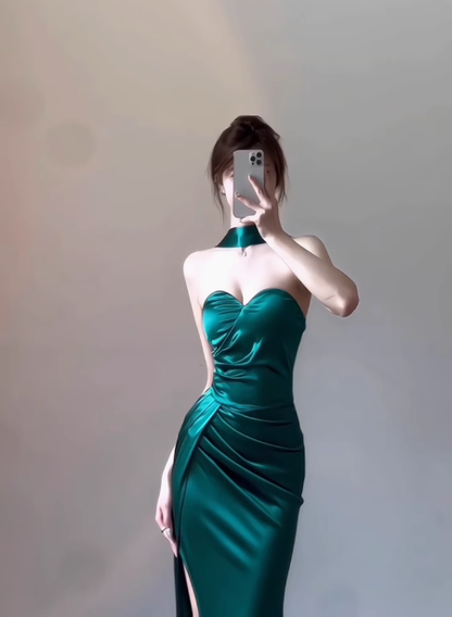 Classy Sheath Sweetheart Slit Satin Ruffles Long Prom Dresses Formal Gown Summer Wedding Guest Dresses Wedding Guest Outfit W0714