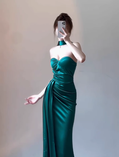 Classy Sheath Sweetheart Slit Satin Ruffles Long Prom Dresses Formal Gown Summer Wedding Guest Dresses Wedding Guest Outfit W0714