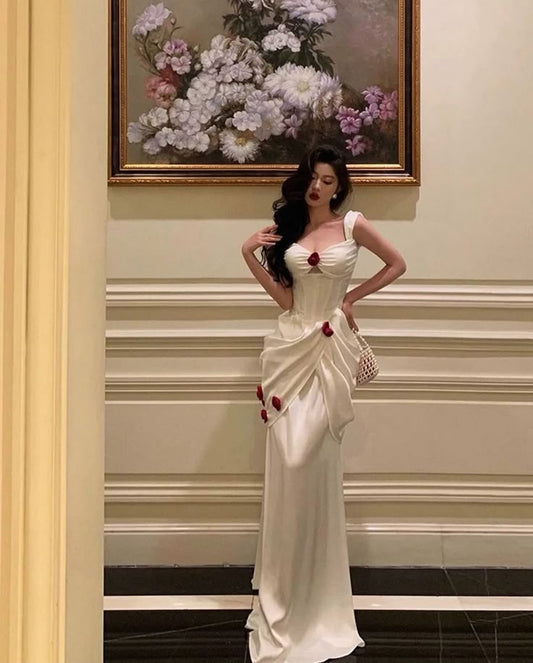 Modest Mermaid White Satin Formal Prom Gown Summer Wedding Guest Dress Bridal Guest Dresses Wedding Outfits For Guest W0717