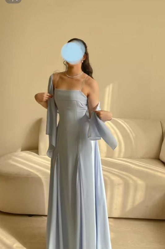 Modest A line Spaghetti Straps Light Blue Formal Prom Gown Summer Wedding Guest Dress Bridal Guest Dresses Wedding Outfits For Guest W0719