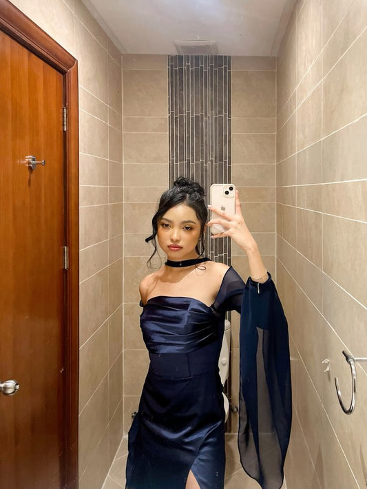 Modest A line Strapless Navy Blue Chiffon Formal Prom Gown Summer Wedding Guest Dress Bridal Guest Dresses Wedding Outfits For Guest W0721