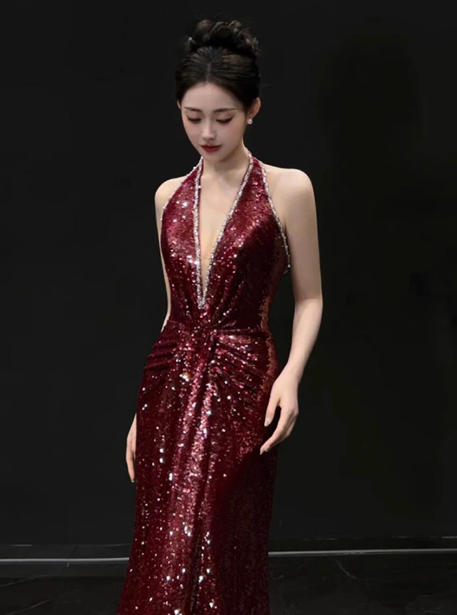 Modest Mermaid V Neck Burgundy Sequins Formal Gown 20th Birthday Dress Prom Dresses Backless 18th Birthday Outfits W0722