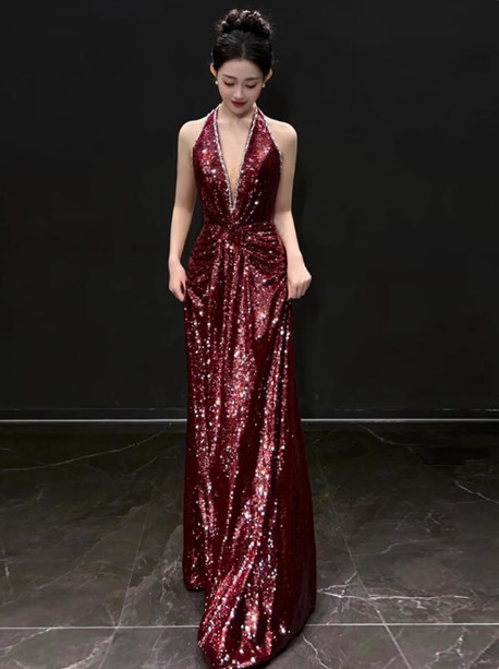 Modest Mermaid V Neck Burgundy Sequins Formal Gown 20th Birthday Dress Prom Dresses Backless 18th Birthday Outfits W0722