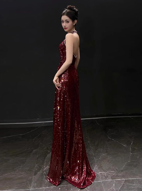 Modest Mermaid V Neck Burgundy Sequins Formal Gown 20th Birthday Dress Prom Dresses Backless 18th Birthday Outfits W0722