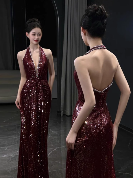 Modest Mermaid V Neck Burgundy Sequins Formal Gown 20th Birthday Dress Prom Dresses Backless 18th Birthday Outfits W0722