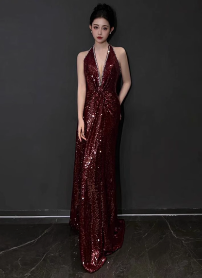 Modest Mermaid V Neck Burgundy Sequins Formal Gown 20th Birthday Dress Prom Dresses Backless 18th Birthday Outfits W0722