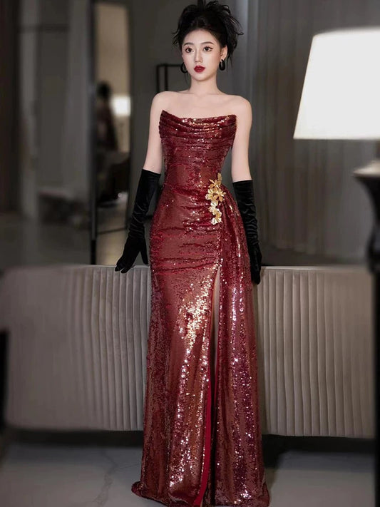 Classy Mermaid Strapless Burgundy Sequin Slit Long Formal Gown Summer Wedding Guest Dress Bridal Guest Dresses Wedding Outfits For Guest W0724