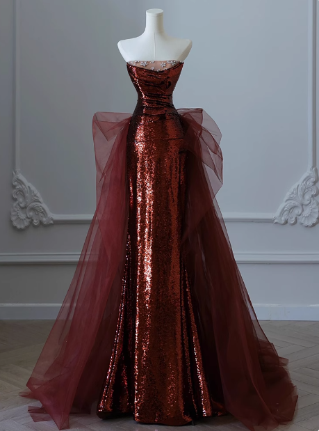 Modest Mermaid Strapless Burgundy Sequins Formal Gown 20th Birthday Dress Prom Dresses 18th Birthday Outfits W0724