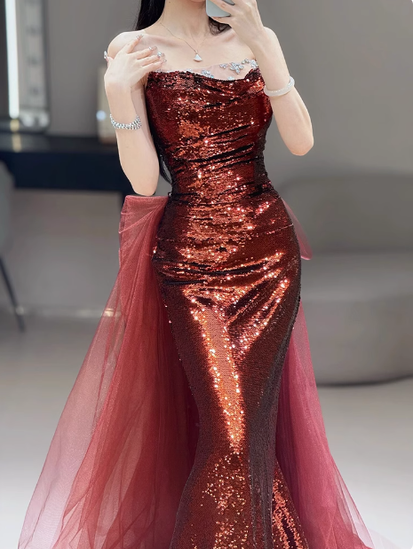 Modest Mermaid Strapless Burgundy Sequins Formal Gown 20th Birthday Dress Prom Dresses 18th Birthday Outfits W0724