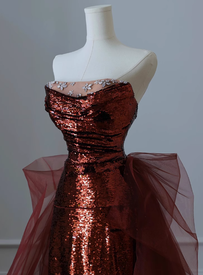 Modest Mermaid Strapless Burgundy Sequins Formal Gown 20th Birthday Dress Prom Dresses 18th Birthday Outfits W0724