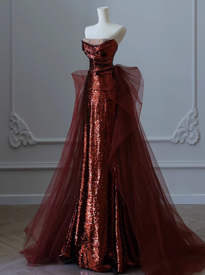 Modest Mermaid Strapless Burgundy Sequins Formal Gown 20th Birthday Dress Prom Dresses 18th Birthday Outfits W0724