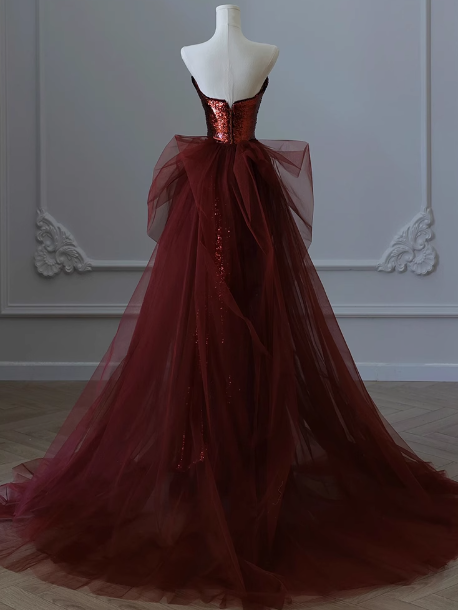 Modest Mermaid Strapless Burgundy Sequins Formal Gown 20th Birthday Dress Prom Dresses 18th Birthday Outfits W0724