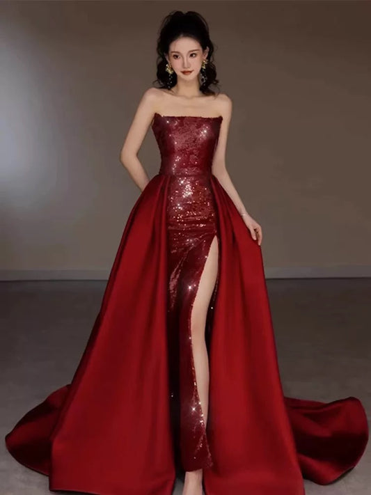 Classy Mermaid Strapless Burgundy Sequin Slit Long Prom Gown Summer Wedding Guest Dress Bridal Guest Dresses Wedding Outfits For Guest W0726