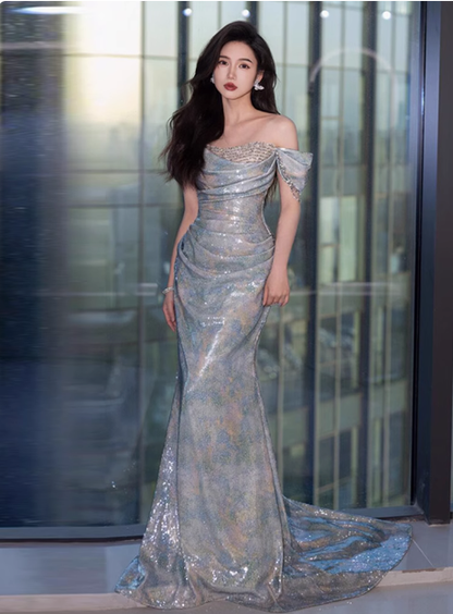 Classy Sheath Off The Shoulder Sequin Long Prom Dresses Formal Gown Summer Wedding Guest Dresses Wedding Guest Outfit W0728