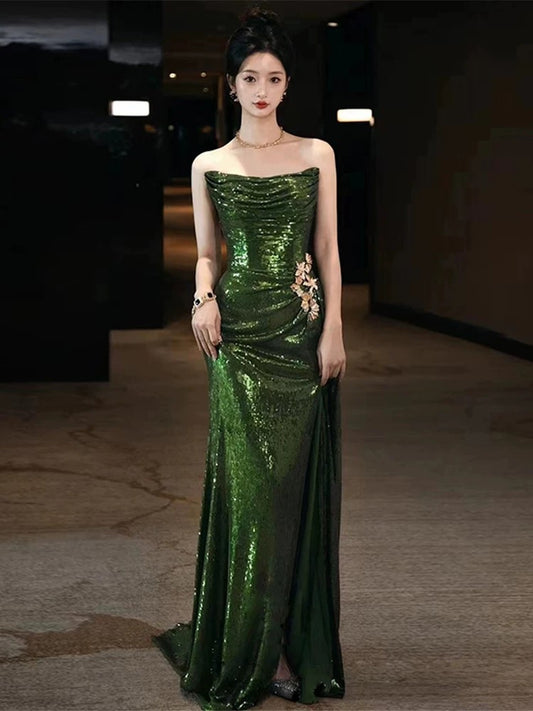 Classy Mermaid Strapless Dark Green Sequin Long Prom Gown Summer Wedding Guest Dress Bridal Guest Dresses Wedding Outfits For Guest W0728