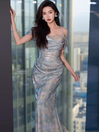 Classy Sheath Off The Shoulder Sequin Long Prom Dresses Formal Gown Summer Wedding Guest Dresses Wedding Guest Outfit W0728