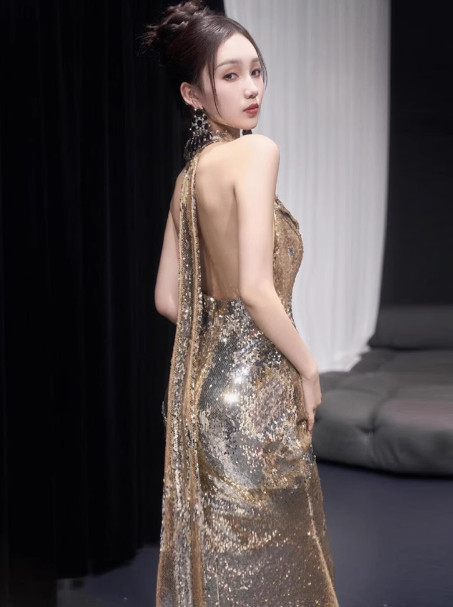 Classy Mermaid Gold Sequin Long Prom Dresses Formal Gown Summer Wedding Guest Dresses Wedding Guest Outfit W0730