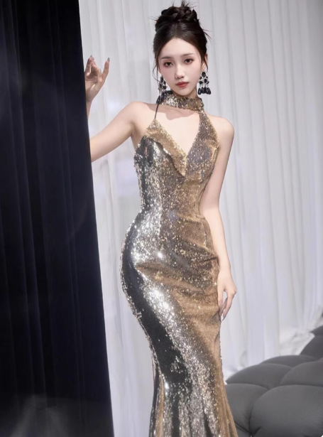 Classy Mermaid Gold Sequin Long Prom Dresses Formal Gown Summer Wedding Guest Dresses Wedding Guest Outfit W0730