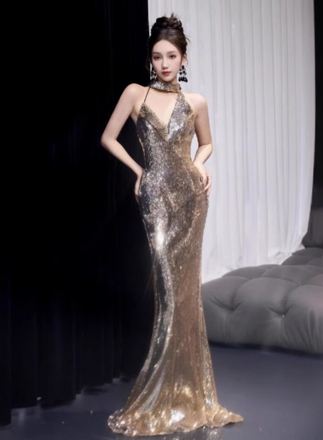 Classy Mermaid Gold Sequin Long Prom Dresses Formal Gown Summer Wedding Guest Dresses Wedding Guest Outfit W0730