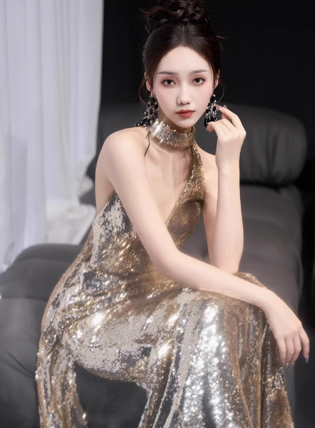 Classy Mermaid Gold Sequin Long Prom Dresses Formal Gown Summer Wedding Guest Dresses Wedding Guest Outfit W0730