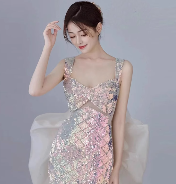 Classy Mermaid Straps Sequin Long Prom Dresses Formal Gown Summer Wedding Guest Dresses Wedding Guest Outfit W0731