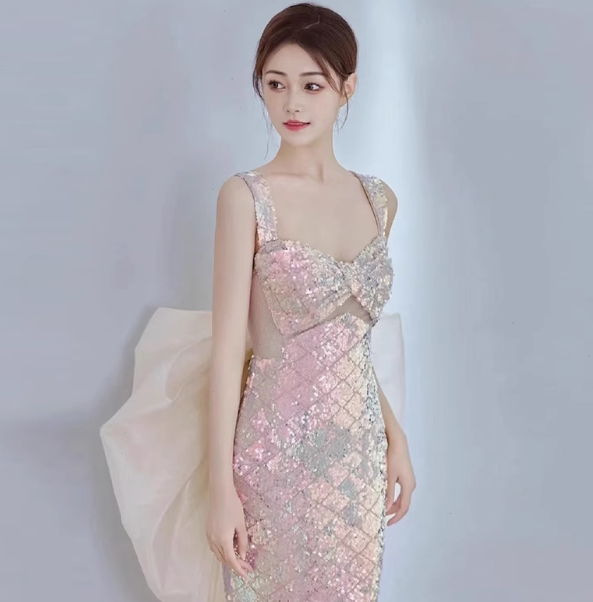 Classy Mermaid Straps Sequin Long Prom Dresses Formal Gown Summer Wedding Guest Dresses Wedding Guest Outfit W0731