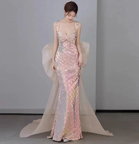 Classy Mermaid Straps Sequin Long Prom Dresses Formal Gown Summer Wedding Guest Dresses Wedding Guest Outfit W0731