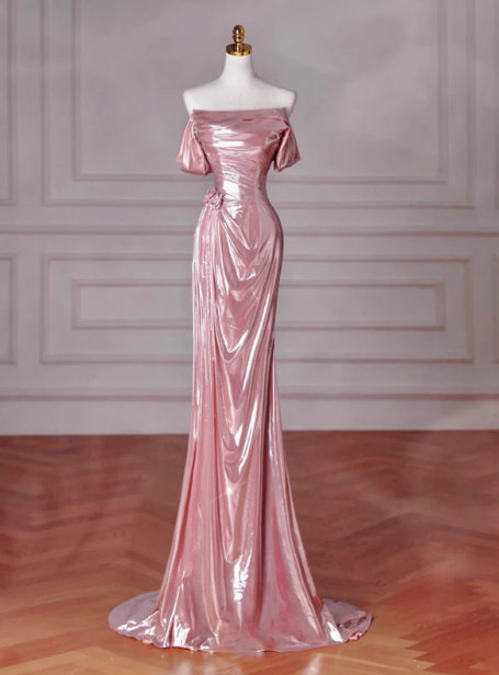 Classy Mermaid Off The Shoulder Pink Sequin Long Prom Dresses Formal Gown Summer Wedding Guest Dresses Wedding Guest Outfit W0732