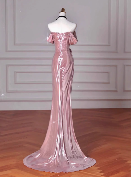 Classy Mermaid Off The Shoulder Pink Sequin Long Prom Dresses Formal Gown Summer Wedding Guest Dresses Wedding Guest Outfit W0732
