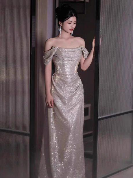 Classy Mermaid Off The Shoulder Champagne Sequin Long Prom Dresses Formal Gown Summer Wedding Guest Dresses Wedding Guest Outfit W0733