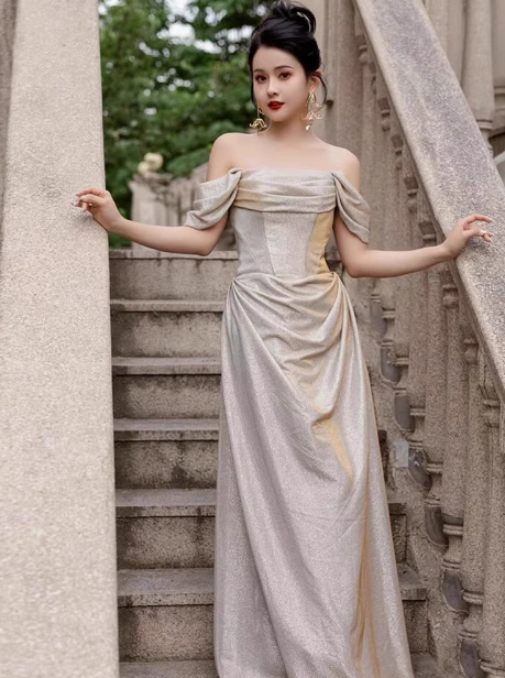 Classy Mermaid Off The Shoulder Champagne Sequin Long Prom Dresses Formal Gown Summer Wedding Guest Dresses Wedding Guest Outfit W0733