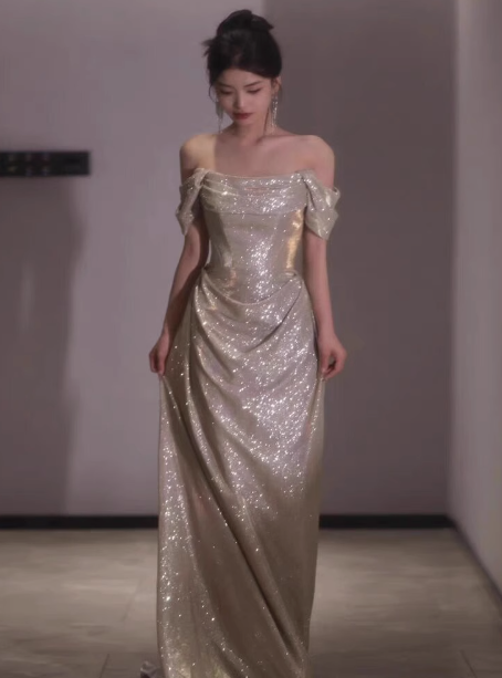 Classy Mermaid Off The Shoulder Champagne Sequin Long Prom Dresses Formal Gown Summer Wedding Guest Dresses Wedding Guest Outfit W0733