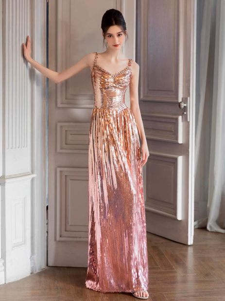 Modest A line Straps Pink Sequin Formal Gown 20th Birthday Dress Prom Dresses 18th Birthday Outfits W0734
