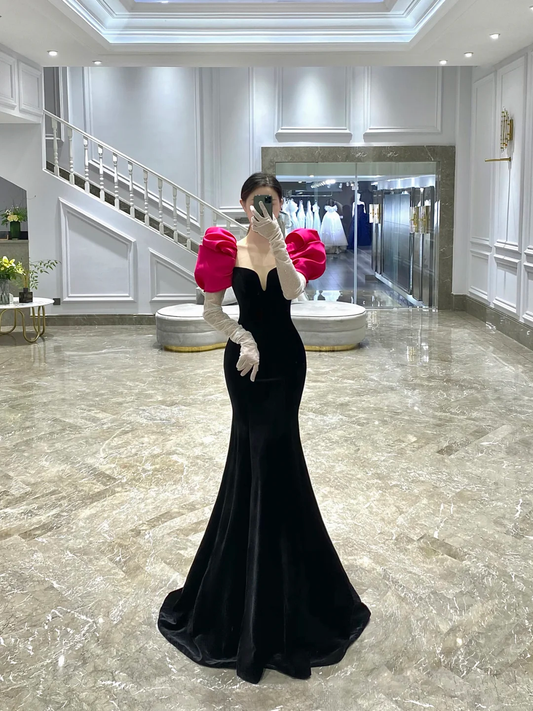 Classy Mermaid Black Sweetheart Short Puffy Sleeves Long Prom Dresses Formal Gown Summer Wedding Guest Dress Wedding Outfits For Guest W0735