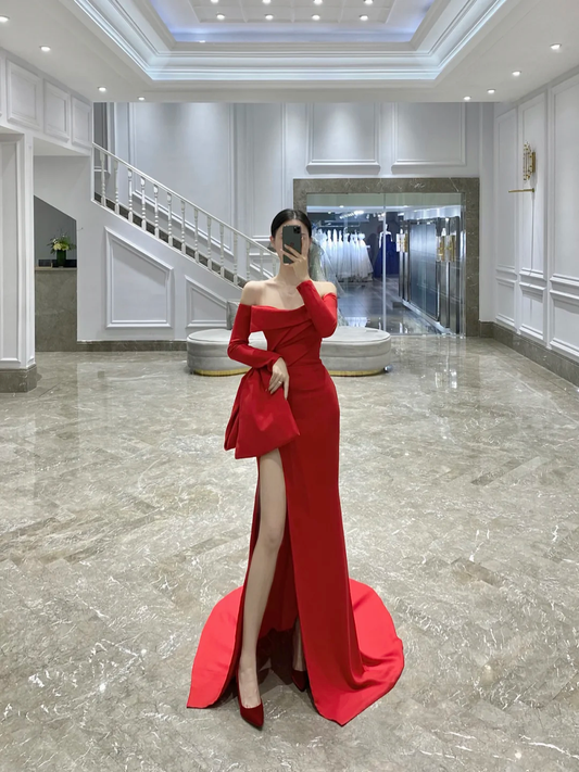 Classy Sheath Off The Shoulder Red Satin Slit Long Formal Gown Summer Wedding Guest Dress Bridal Guest Dresses Wedding Outfits For Guest W0736