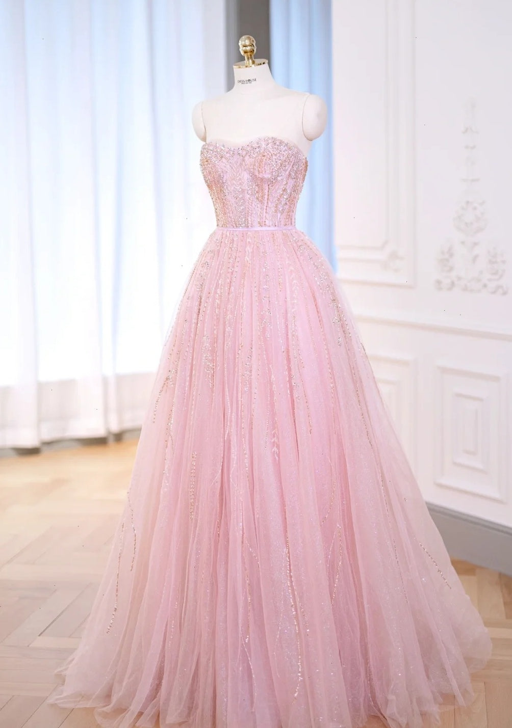 Pretty Ball Gown Sweetheart Tulle Pink Long Quinceanera Dress Formal Gowns Vestido De 15 Anos Sweet 16 Dress W0738